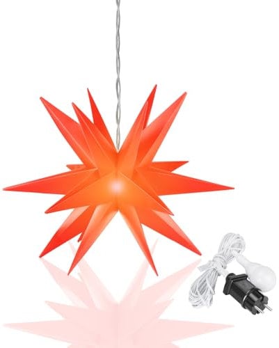 OVILUM Leuchtstern 3D mit LED Beleuchtung | rot | |Ø 57 cm| 3D Stern mit 18 Spitzen | wetterfest | Garten Deko, Wohnzimmer, Weihnachtsdeko | Weihnachtsstern | mit Timer | 7,5m Zuleitung