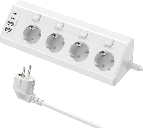 Ecksteckdose Küche 4 Fach, Tischsteckdose mit 2 USB C, Ecksteckdosenleiste mit 4 USB, Schreibtisch Steckdose, Küchensteckdose, Steckdosenleiste Wandmontage, Mehrfachsteckdose mit Schalter - 2M Weiß