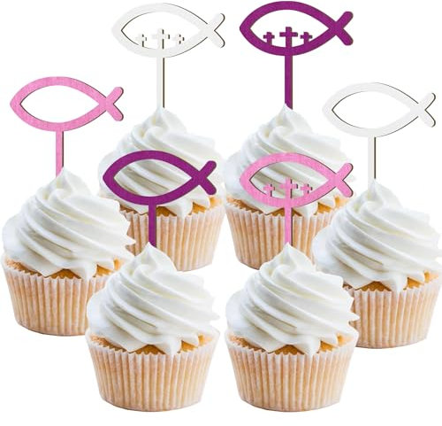 12 Stück Holz Cupcake Toppers Kommunion Mädchen, Tortendeko Konfirmation Mädchen, Holz Fische Cake Topper Kommunion Taufe Deko für Erstekommunion Deko, Taufe Party Dekoration (Fisch Rose)