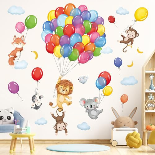 decalmile Wandtattoo Waldtiere Luftballon Wandaufkleber Affe Löwe Koala Wandsticker Junge Kinderzimmer Babyzimmer Wohnzimmer Wanddeko
