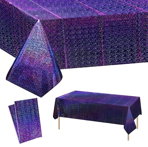 2 Stück Lila Party Tischdecke Glitzer,137 x274cm Rectangle Plastik Tischdecken,Wasserabweisend, Einweg Tischdecke Plastikdeke für Kindergeburtstag,Hochzeitsfeiern,Disco Mysteriöse Themenparty Feier