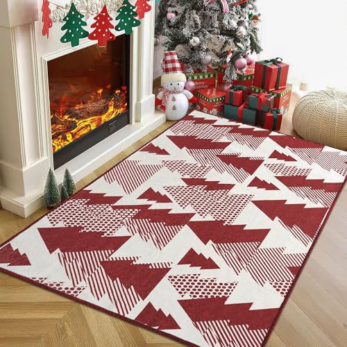 PONY DANCE Alfombra de Navidad Alfombra Lavable Lavadora 120x160cm Alfombra Pelo Corto Alfombra Lavable Antideslizante para Salón/Dormitorio/Habitación Infantil, Rojo