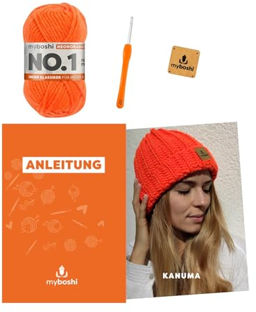 myboshi Häkelset Wintermütze Kanuma, inkl. No.1 Wolle, Nadel und Anleitung, Häkelpaket für Anfänger, 30% Merinowolle Neonorange mit Häkelnadel
