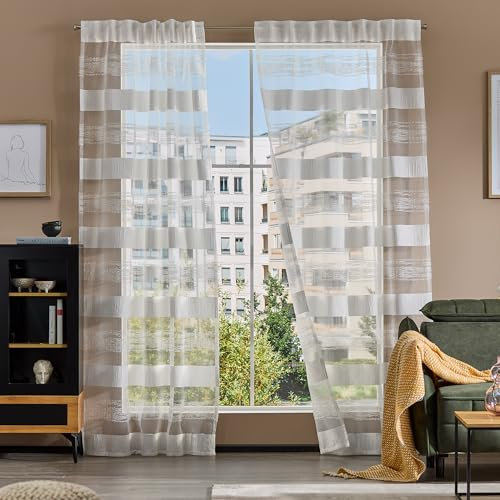 Como Gardinen 2er Set Vorhänge Weiß 245 x 132 cm - Jacquard Schrumpf Querstreifen - Halbtransparente, lichtdurchlässige Schlaufenschals aus Polyester
