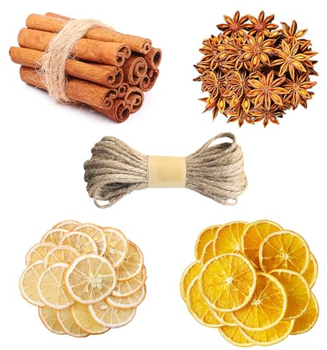Lot de 70 couronnes de l'Avent naturelles avec tranches d'orange séchées, tranches de citron, bâtons de cannelle, anis étoilé et ficelle de jute pour couronne de l'Avent