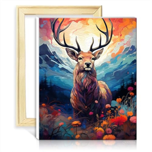 LiHEQING Ölgemälde-Set, Hirsch, DIY-Ölgemälde nach Zahlen, Leinwandhandwerk, Zahlenmalerei, Anti-Stress-Spielzeug mit Rahmen (40 x 50 cm)