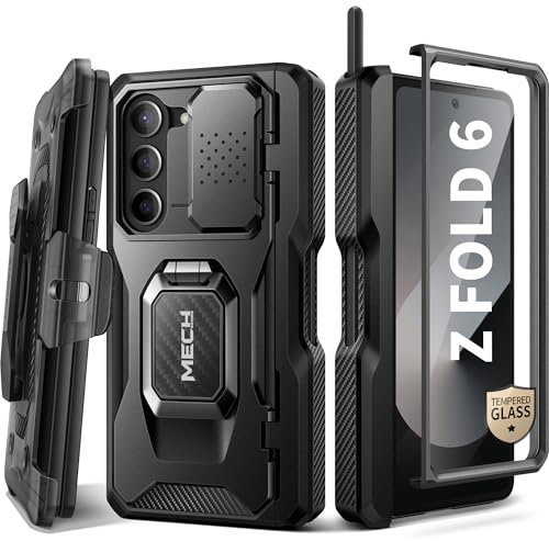 Tongate for Z Fold 6 Case with Ring Stand, Built-in S Pen Holder & HD Glass Screen Protector Rugged Z6 Phone Case with Slide Camera Cover & Belt Clip for Samsung Galaxy Z Fold 6 2024, Black HD Film
