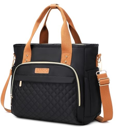 LMGO Mittelgroße Tragetasche mit mehreren Taschen für Damen, gesteppter Tragegriff oben, Umhängetasche, Handtasche, Schwarz/Orange, Medium, Mittelgroße Tragetasche für Arbeit, Reisen, Alltag