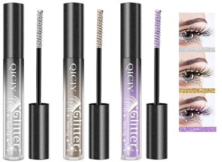 Glitter Mascara,3 Colours Glitzer Wimperntusche,Lila Gold Silber Schimmer Glitter Mascara,Diamond Wimperntusche zur Verlängerung &Volumen, Wasserfeste, Funkelnde Augen Make-up, für Party,Hochzeit