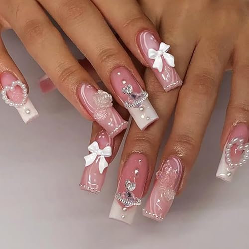MouyouGlow Press on Nails Lang,Square Nude Weiß French 3D Bow Tie Schleife Floral Planet Rose Y2K Sparkly Fake Nails Kunstnägel mit Nagelkleber,White Tips Flowers Pearl Künstliche Fingernägel