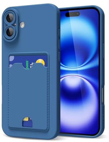 oakxco for iPhone 16 Case with Card Holder, Cute Silicone Wallet Phone Case with Credit Card Slot, Soft Rubber Thin Slim Purse for Women Men with Shockproof Camera Cover Protection, Navy Blue