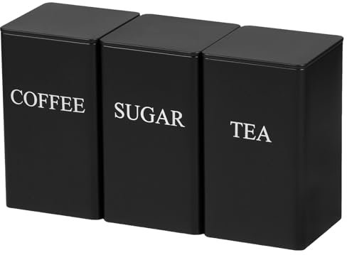 GWCYMYD 3Pcs Metal Tea Coffee Sugar Canisters, 1000 ML Kitchen Storage Canisters with Airtight Lid and Name Marker, Tea Coffee Sugar Canister Set for Kitchen Counter Storage (Black)