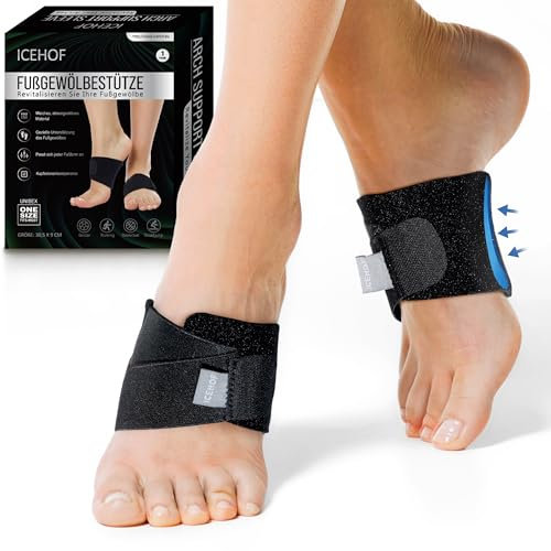 ICEHOF Soporte de arco para fascitis plantar y pie plano (2 unidades) - Vendaje ajustable para aliviar el dolor y apoyar el arco del pie - Transpirable - Unisex - Para deporte y uso diario