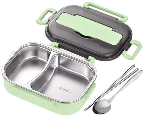 JZLEJC Lonchera térmica para niños, 1L 2 compartimentos acero inoxidable con cubiertos y tapa, portátil para la escuela, oficina