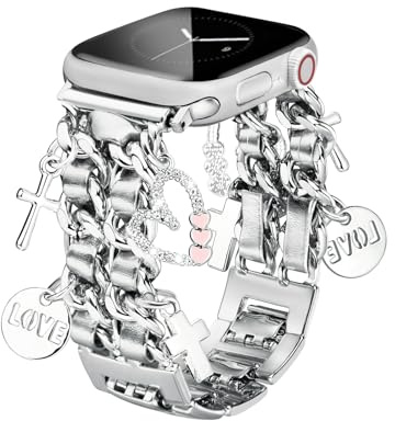 CHARMINGO Bracelet élégant compatible avec les bracelets Apple Watch pour femmes de 38 mm, 40 mm, 41 mm, 42 mm, 44 mm, 45 mm, 46 mm, 49 mm – Bracelet élégant en métal avec breloques mignonnes pour