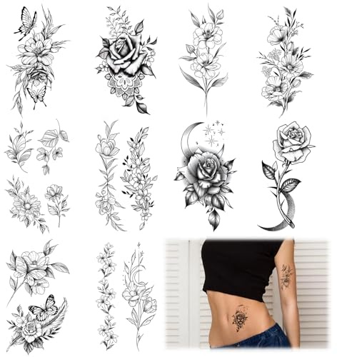 Tatouages Temporaires,10 tatouages floraux noirs