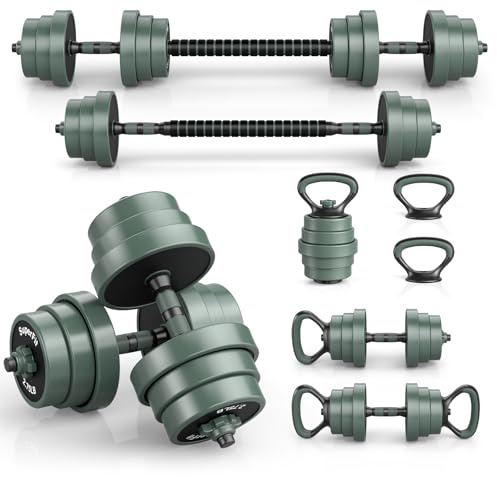 KOMFOTTEU Verstellbare Hanteln 4 in 1 Set, Gewichte Gym Home inkl. Handgriffe, Langhantel, Kettlebells, Liegestütze, Hantelset für Büro, Krafttraining, Fitness, Schwarz + Grün