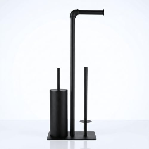 Libaro WC-Garnitur Palermo – Toilettenpapierhalter stehend mit geschlossener WC-Bürste – Toilettenbürstenhalter & WC-Rollenhalter aus Metall in modernem Schwarz – Bad-Accessoire