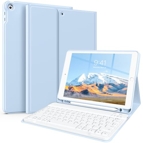 SZPSGC Tastatur Hülle für iPad 10,2 Zoll 9/8/7 Gen 2021/2020/2019, Blau | Soft TPU Rückseite Gehäuse, Pencil Halter, magnetisch Abnehmbarer Tastatur, Bluetooth Tastatur mit QWERTZ Layout