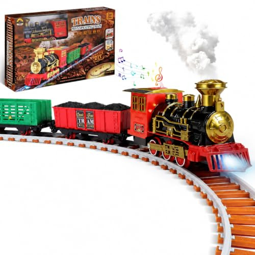 Electric Train Set for Boys Girls, Battery Operated Steam Train Toy with Cool Mist Smoke, Lights Sounds & DIY Tracks, Realistic Railway Playset Educational Toy Gift for Kids Ages 3-8