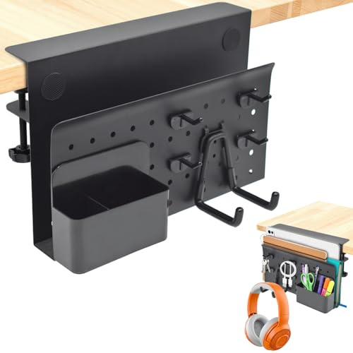 Cyiecw Schreibtisch Seitenaufbewahrung mit Magnetischer Stifthalter und Haken, Metall Laptop Halterung ohne Bohren, Aufhängbarer Laptop Organizer Schreibtisch Seitenständer für Büro & Home Office