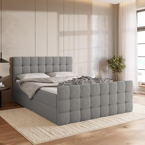 BROMARKT Boxspringbett mit Topper Bettkasten 160x200cm Härte H3 Grau | Doppelbett mit Kopfstütze Matratze und Fußteil Jugendbett Bett Bed Einzelbett Stauraum Boxbett Matratzenauflage DETROIT DUO