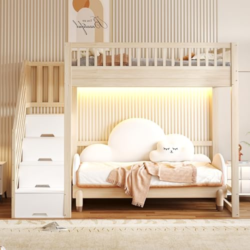 Kebnor Cama alta con escalera de seguridad, barandilla de seguridad, marco de cama de madera de pino maciza, barra de luces LED, escaleras de seguridad intercambiables en ambos lados, cuna (color