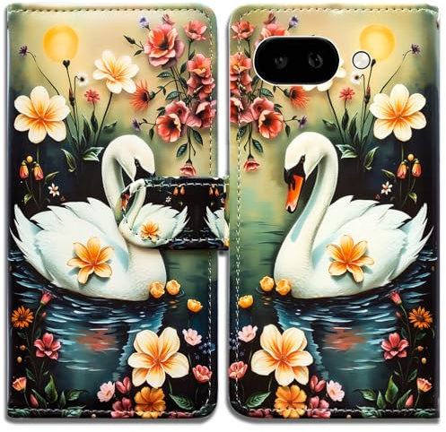 Bcov Case For Pixel 10a,White Swan In Water Flowers Leather Flip Phone Case Wallet Cover with Card Slot Holder Kickstand For Google Pixel 10a