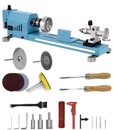 Mini tornio per legno, controllo della velocità infinita, tipo multiuso, per scrivania, supporta segatura, lucidatura, rettifica. Il set professionale di accessori viene fornito con istruzioni per un