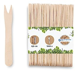 BIOZOYG Tenedor patatas fritas de madera cuchillería orgánica compostable madera Natural I Trincho madera patatas fritas Currywurst pinchos de madera Mini Tenedor 1000x Tenedor papas fritas 8,5 cm
