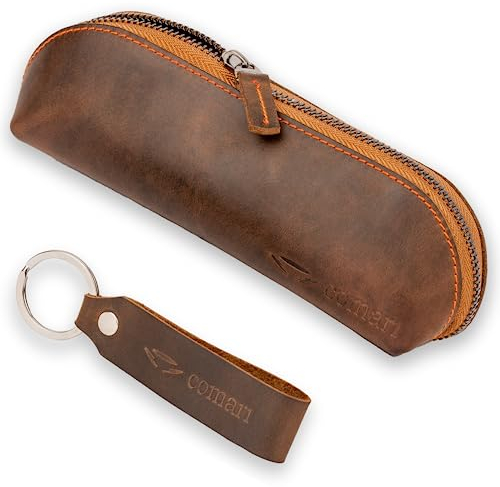 comari Premium Stifte-Etui - Federmäppchen aus Leder - Reißverschluss aus Metall - kostenfreier Schlüsselanhänger - Federmappe aus Handarbeit (Vintage Braun)
