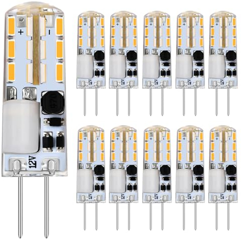 TIAFELNGLY G4 LED Lampen, Kein Flimmern 2W G4 Warmweiss Energiesparende Glühbirnen AC/DC 12V Nicht dimmbar 360 Grad Winkel LED Birne G4 [10-er Pack]