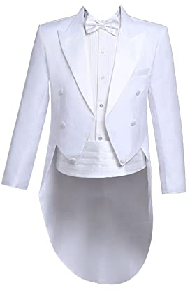 FEESHOW Herren Zweireiher Frack Set 4 Stück Anzüge Hochzeit Smoking Anzüge Revers Sakko Jacke Lange Hose Krawatte mit Gürtel Set Weiß L