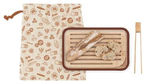 PEBBLY - Set du boulanger composé d'une planche à pain et pince à toast en bambou et sac à pain en coton bio