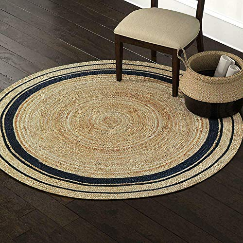 Teppich, rund, 100 % natürliche Jute mit schwarzer Linie, handgeflochten, wendbar, 60 x 60 cm