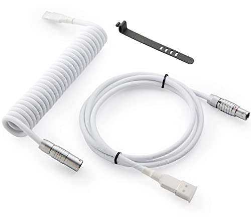 GUNMJO Pro Custom Coiled USB C Cable for Gaming Keyboard, Double-Sleeved Mechanical Keyboard Cable with Slim Type Detachable Metal Aviator, 1.5M USB-C to USB-A, White Color