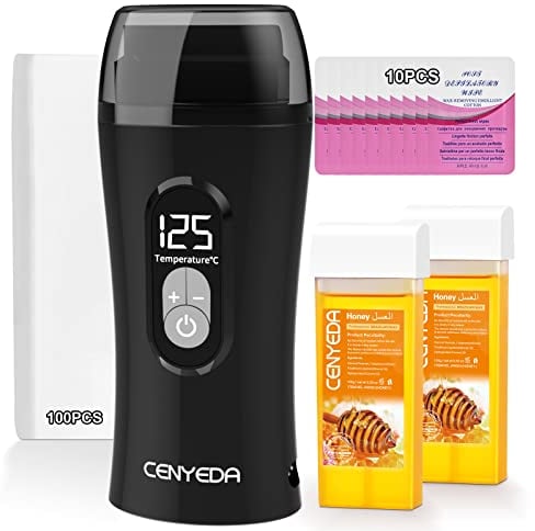 Digital Roll On Wax Kit, Honey Wax Roller Waxing Kit for Women, Roll On Wax Warmer for Hair Removal, Depilatory Soft Roll On Wax Warmer with 2 Cartridge Refill and 100 pcs Wax Strips - Easy To Use