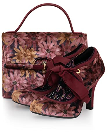 Ruby Shoo Weidenschuh und passende Malibu-Tasche, Größe 36-42, Blumen/Marineblau, Ocker, burgunderfarben, 37 EU