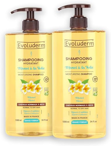 EVOLUDERM - Shampoing Hydratant Monoï à la Folie - 1000 ml - 95% d'Origine Naturelle - Végan - Fabrication Française - Lot de 2 x 1000 ml