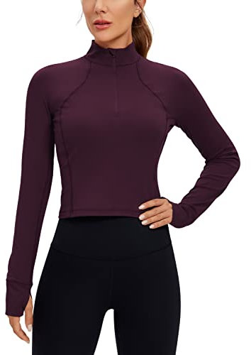 CRZ YOGA Women's Butterluxe 1/2 Zip Long Sleeve Shirts Sports Crop Tops Gym Sweatshirt Running Cropped Jacket Pullover with Thumbhole Deep Purple 10