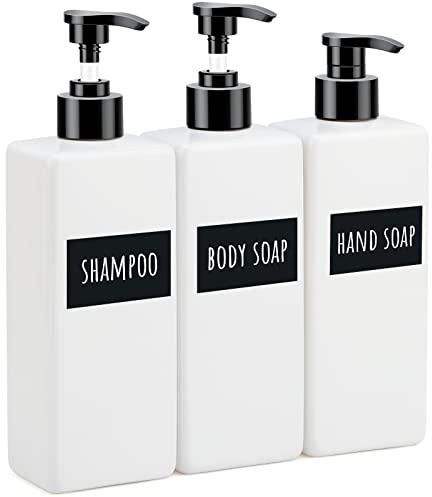 Segbeauty Quadratische Lotionspender, 500 ml 3er Set Pumpflasche für Bad Küche, Seifenspender mit Wasserdichtes Etiketten, Nachfüllbar Leere Flasche, Spülmittelspender, Flüssigkeitsbehälter, Weiß