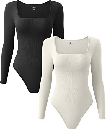 OQQ Body da Donna 2 Pezzi Maniche Lunghe Collo Quadrato Moderno e Elegante Body Casual e Stiloso Nero Beige