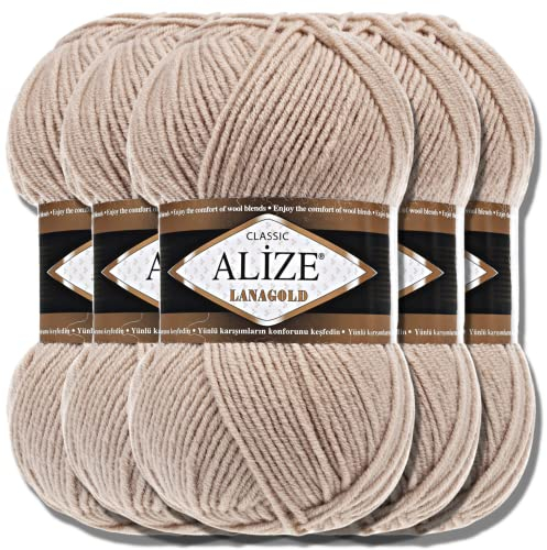 Alize 5 x 100g Lanagold Türkische Premium Wolle Baumwolle und Acryl Handstrickgarne | Yarn | Garn | Strickgarn Accessoire Baby zum Häkeln Stricken Kleidung Schals (Beige | 5)