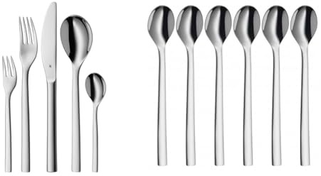 WMF Atria Besteck Set 12 Personen, 60 teilig, spülmaschinenfest & Nuova Latte Macchiato Löffel Set 6-teilig, lange Löffel 19 cm, Joghurtlöffel, Cromargan Edelstahl poliert, spülmaschinengeeignet