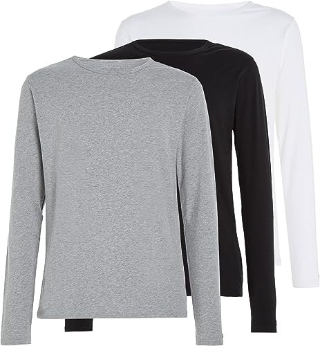 Tommy Hilfiger Men’s 3 Pack Basic Long Sleeve Tops, Multicolor (Black/White/Grey Heather), S