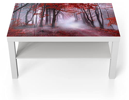 DEQORI Glastisch | weiß groß 90x50 cm | Motiv Roter Blätterwald | ausgefallener Beistelltisch aus Glas | Hochglanz Couchtisch fürs Wohnzimmer | moderner Couch Tisch mit Design