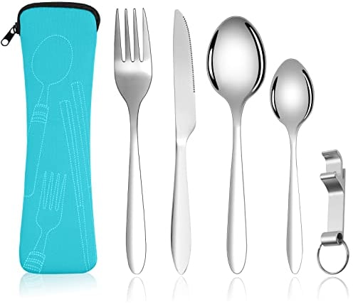 Vicloon Ensemble de Couverts, 5 pièces de couverts en Acier Inoxydable, Ensemble de Couverts Transportables, Couverts en Acier Inoxydable avec Idéal pour les Voyages et le Camping(Bleu)