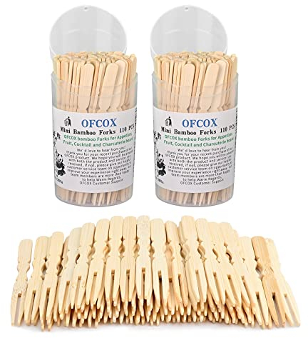 OFCOX Mini Bamboo Forks 3.5 inch, Cocktail Forks Appetizer Forks, Toothpicks for Appetizer, Disposable Wooden Wood Tiny Small Food Picks for Party Fruit Charcuterie Accessories. 200 PCS