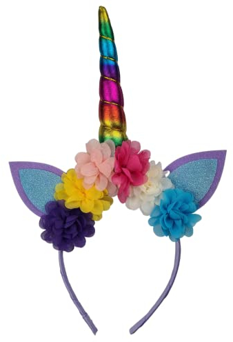 Einhorn Haarreif mit Blumen, Ohren und Einhorn Horn für Mädchen Erwachsene Damen 1Stk Unicorn Deko Stirnband Kinder Haarschmuck für Geburtstag Party Halloween Karneval Weihnachten Cosplay (Regenbogen)