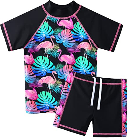 ZNYUNE Girls 2PCS Swimsuit Short Sleeve Kids BeachSwimming Set Costume for 3-12Years